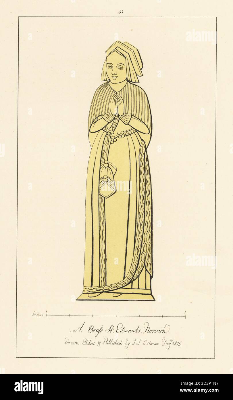 Ottone commemorativo di una donna sconosciuta nella chiesa di St Edmund, Norwich, Norfolk, 1520. Con il cappuccio a timpano, tippet sulle spalle, abito con lungo trenino fissato alla cintura e borsa con coulisse. Incisione a mano in rame disegnata, incisa e pubblicata da John Sell Cotman in Engravings of the Most Remarkable of the Sepulchral Brasses in Norfolk, Henry Bohn, Londra, 1818. Foto Stock