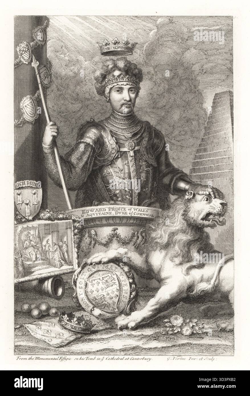 Edoardo di Woodstock, il Principe Nero, 1330-1376. Ritratto del principe in casco e armatura, con lancia, leone e stemma. Crown on the Ground, il distintivo araldico delle piume del Principe di Galles, vignetta del Re sul trono. Edoardo, Principe di Galles e Aquitania, Duca di Cornovaglia. Incisione Copperplate disegnata e incisa da George Vertue dai suoi Heads of the Kings of England, proprio per la storia di Mr Rapin, tradotta da N. Tindal, stampata per James, John e Paul Knapton, Londra, 1736. Foto Stock