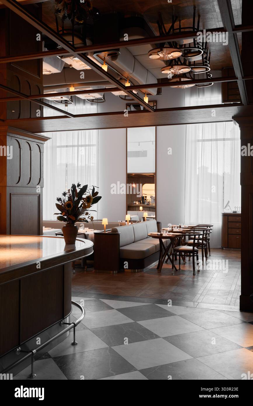 Elegante zona pranzo con design moderno e illuminazione soffusa Foto Stock