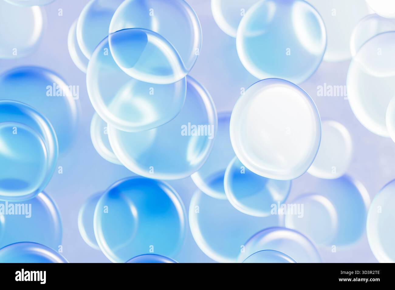 Questa illustrazione 3D presenta delicate bolle con effetto vetro, evidenziandone la trasparenza e il riflesso su uno sfondo blu morbido. Ideale per Foto Stock