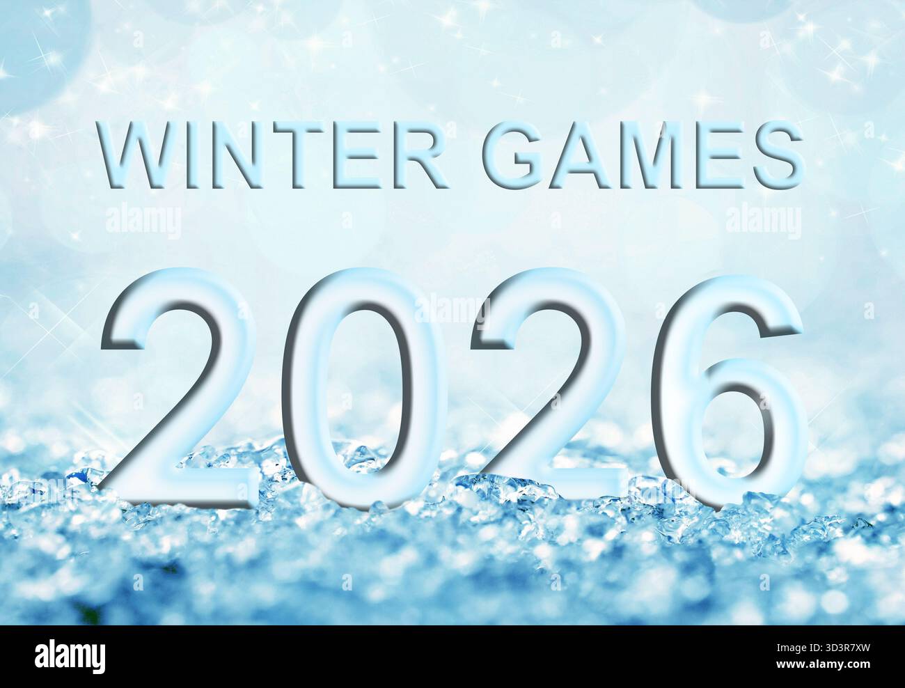 Text 2026 giochi invernali, sfondo neve, celebrazione delle olimpiadi invernali Foto Stock