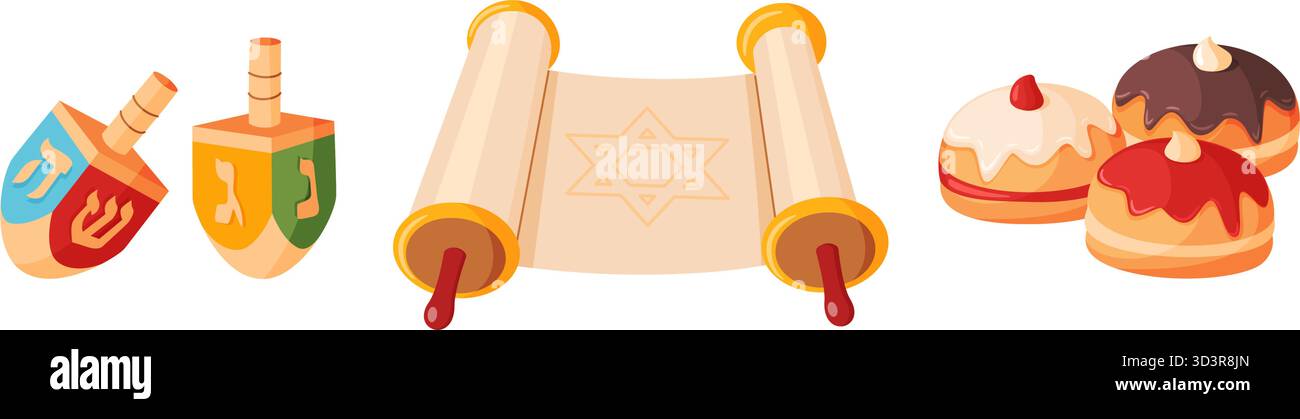 Set di icone Hanukkah. Sogni, rotolo di Torah con Stella di Davide e ciambelle sufganiyot. Design vettoriale piatto e colorato, perfetto per volantini, inviti a feste, adesivi e confezioni natalizie Illustrazione Vettoriale