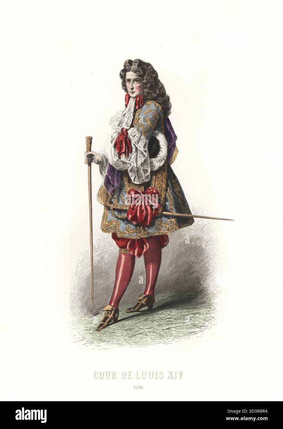 Moda di un cortigiano di re Luigi XIV di Francia, 1690. In parrucca polverizzata, justaucorps blu con ricamo oro, pizzo cravat con fiocco, polsini in pizzo, spada da corte, scarpe con fibbia. Cour de Louis XIV, 1690. Incisione in acciaio colorata a mano di Antoine Monnin dopo un'illustrazione di Francois Claudius Compte-Calix da album Keepsake des Costumes de la cour Francaise depuis Charles VII jusqu'a Luigi XVI, Keepsake album of French Court Costumes from Charles VII to Louis XVI, Modes Parisiennes, Paris, 1854. Foto Stock