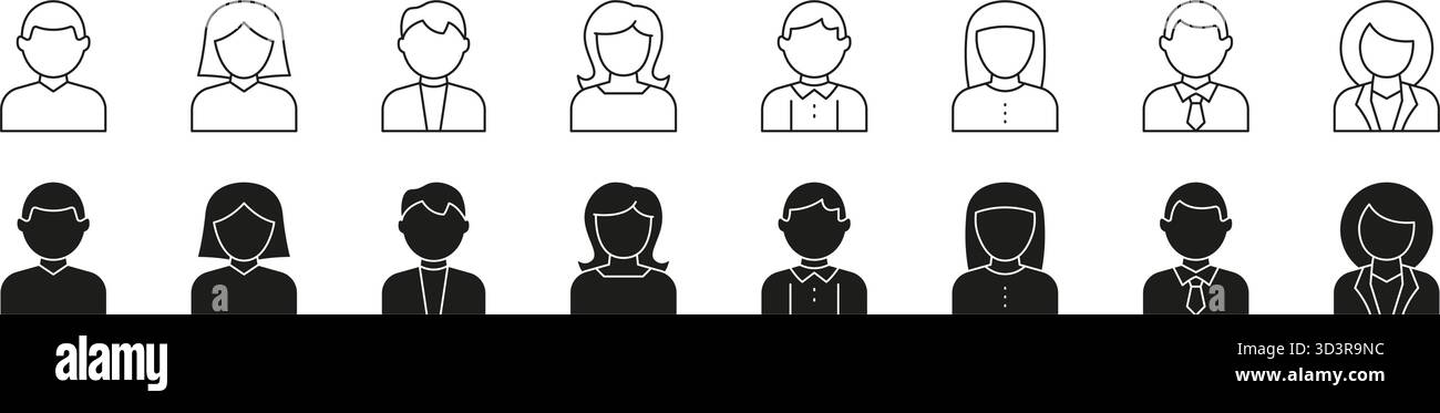Avatar utente con Office maschile e femminile e personaggi casual insieme di icone Solid. Simboli del profilo per account, interfaccia, contatto aziendale e personale Illustrazione Vettoriale