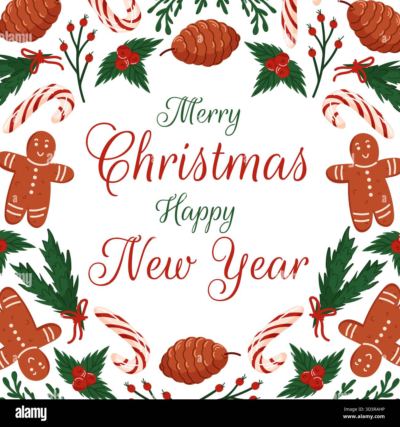 Biglietto di auguri di Natale con testo. Disegna con l'uomo di pan di zenzero, la canna da zucchero, il pinecone, la bacca agrifoglio e il ramo sempreverde in stile piatto. Progettare per Illustrazione Vettoriale