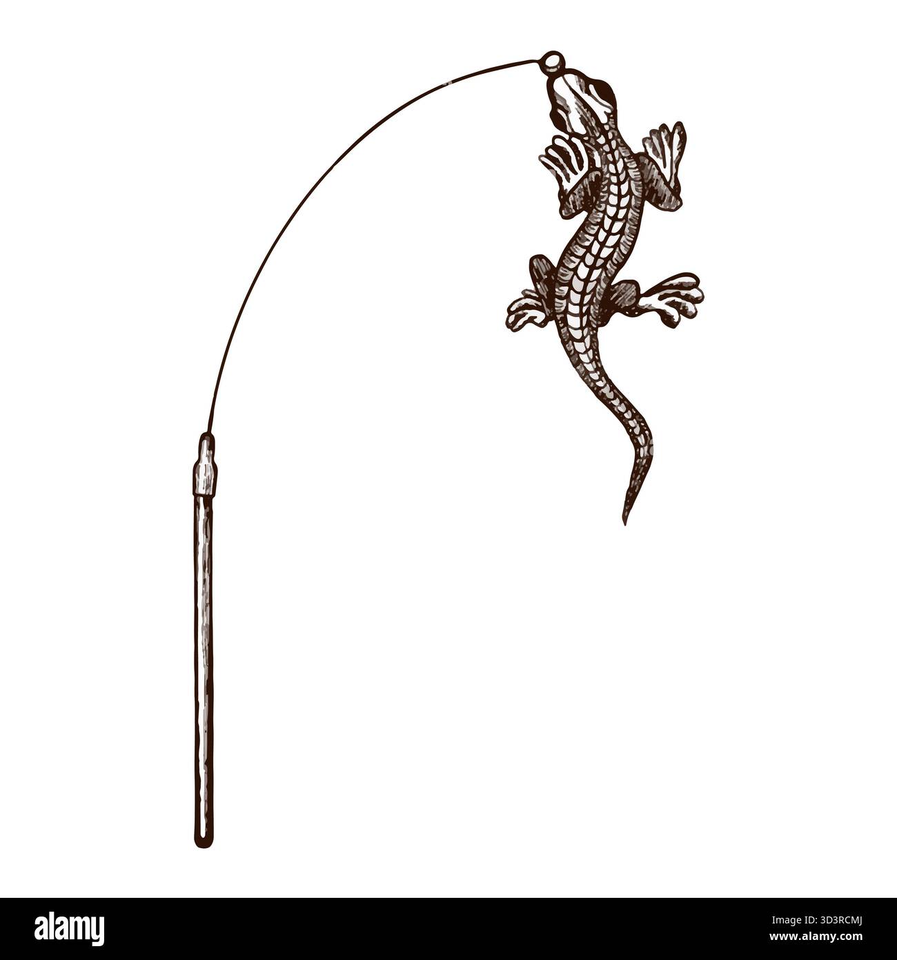 Canna da pesca giocattolo con igguana. Immagine vettoriale disegnata in grafica. Foto Stock