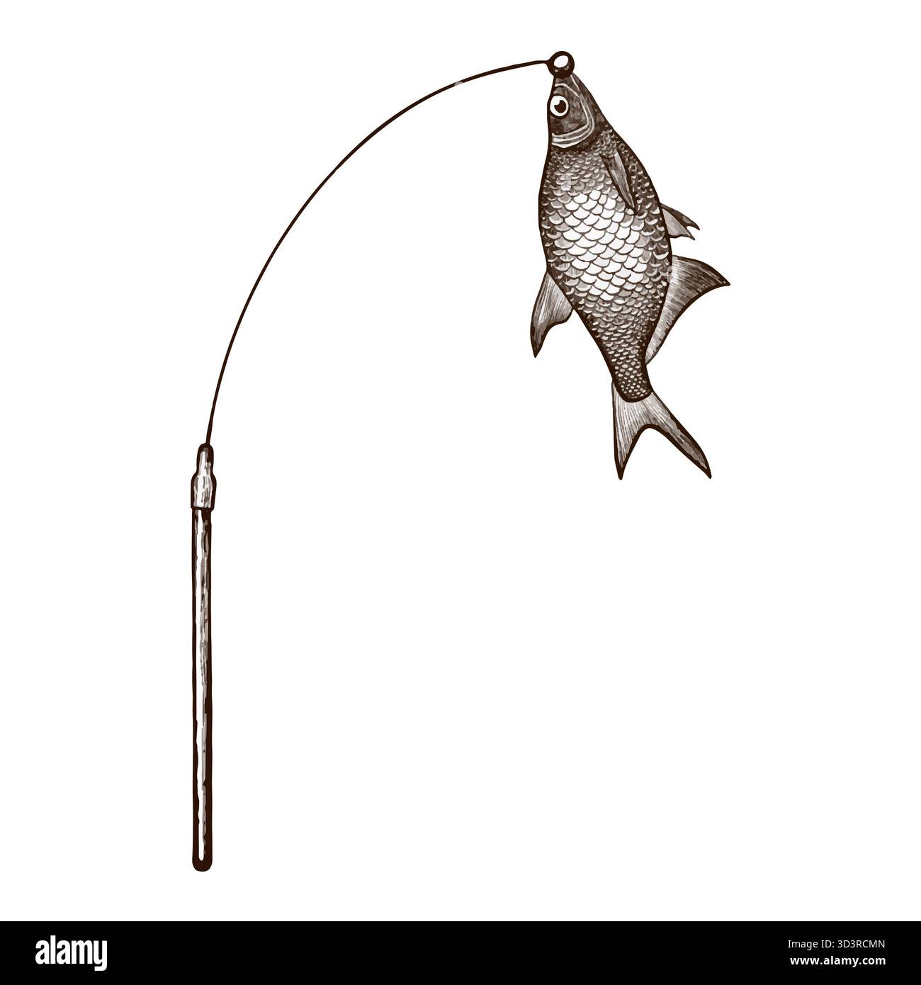 Una canna da pesca giocattolo con pesci. Immagine vettoriale disegnata in stile grafico. Foto Stock