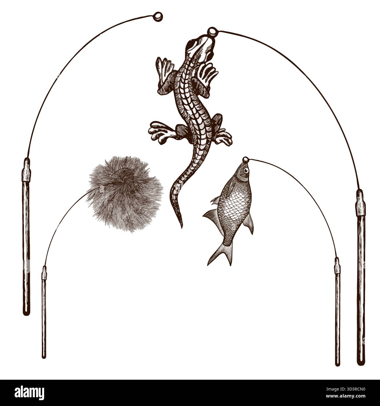 Un set di canne da pesca con varie esche per giocare con i gatti. Immagine vettoriale disegnata in stile grafico. Foto Stock