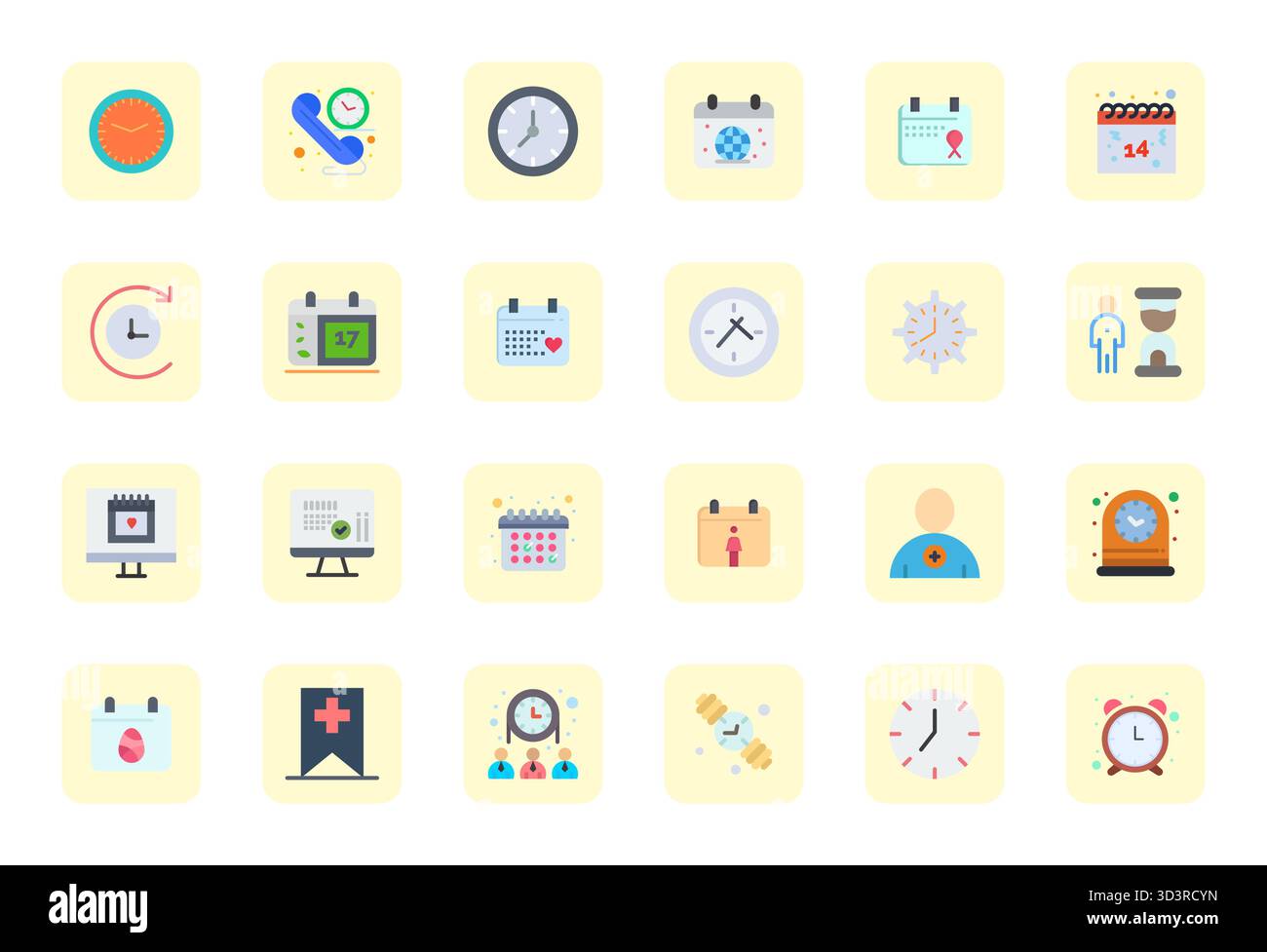 Pacchetto essenziale di icone vettoriali ottimizzate da 24 pixel per appuntamenti in formato piatto, con dimensioni 64 x 64 per prestazioni e scalabilità ottimali. Illustrazione Vettoriale