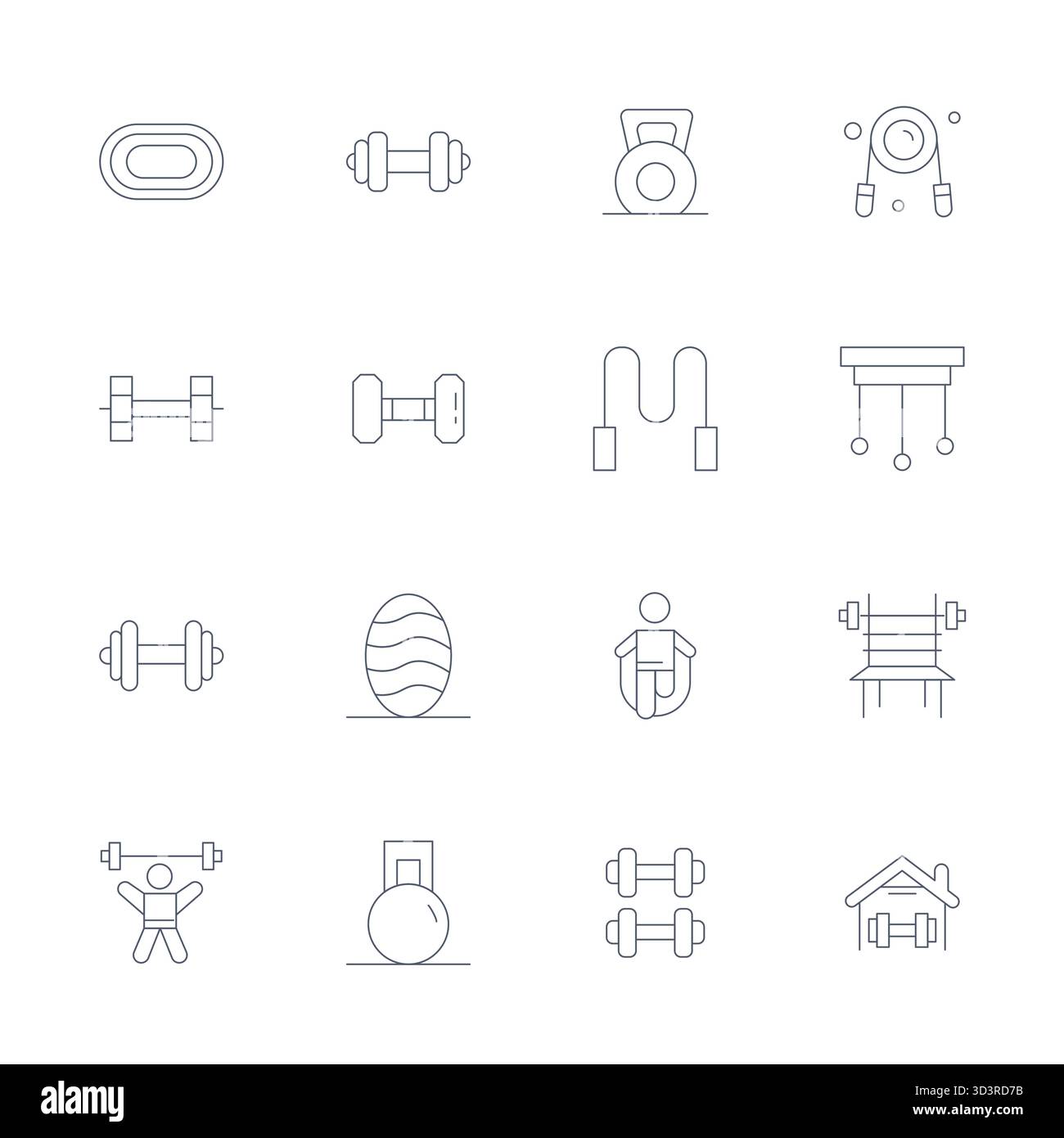 Confezione leader del settore di 16 icone vettoriali Thin Line PIXEL Perfect per attrezzature per esercizi, con dimensioni ad alta risoluzione per un rendering e un'interazione ottimali tra gli utenti Illustrazione Vettoriale