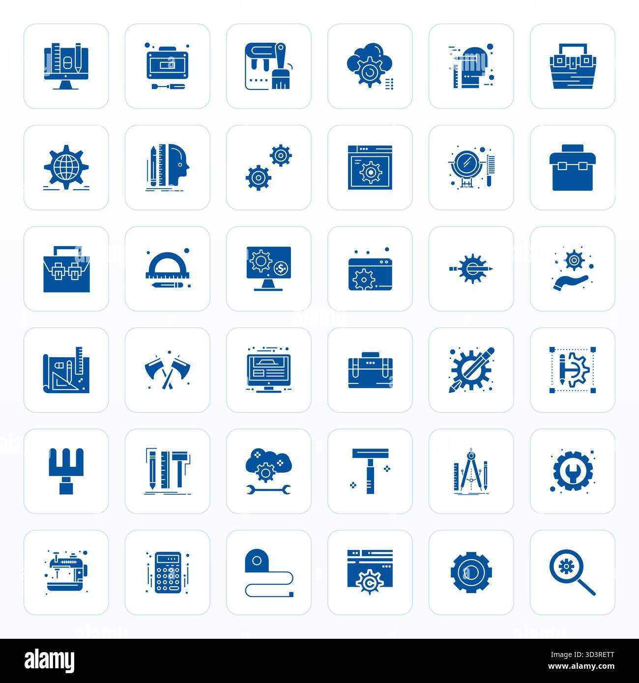 Pacchetto strategico con 36 icone vettoriali che rappresentano strumenti in formato glifo, ottimizzato con qualità modificabile 256x256 per flussi di lavoro professionali. Illustrazione Vettoriale