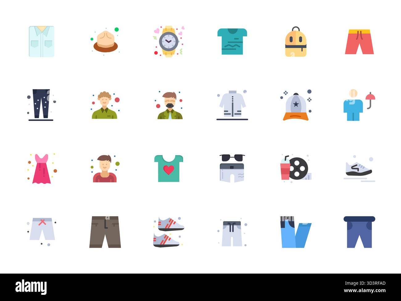 Un set versatile di 24 icone vettoriali con dettagli piatti ottimizzati focalizzate sul casual, fornite in un formato nitido 128x128, ideale per applicazioni mobili e Web. Illustrazione Vettoriale