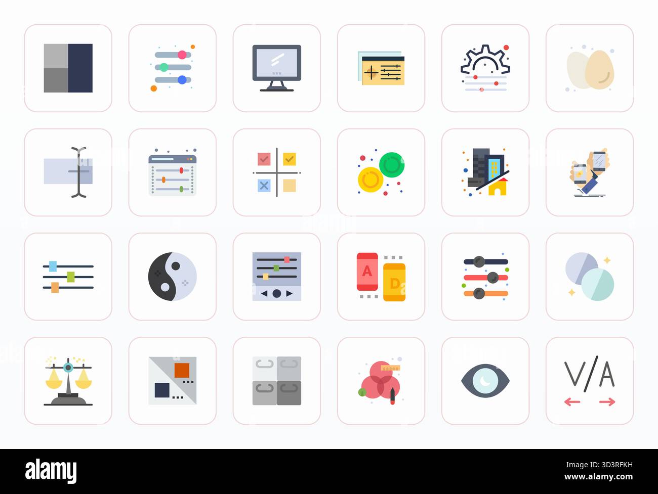 Collezione esclusiva di 24 icone vettoriali piatte per il contrasto, sviluppate con risoluzione modificabile ad alta risoluzione per esperienze di marca di livello superiore. Illustrazione Vettoriale