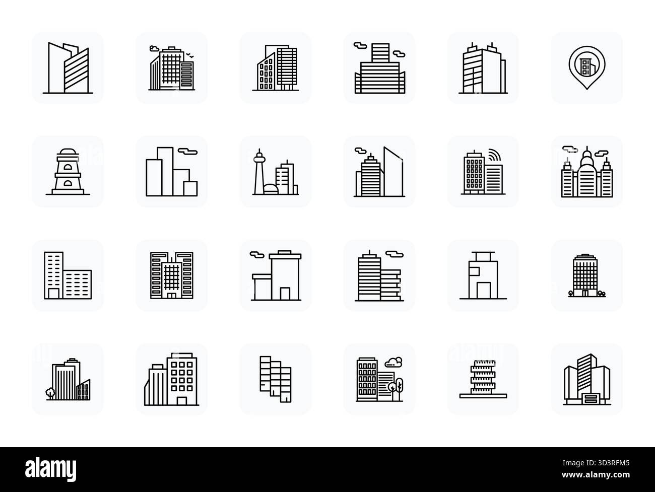 Esplora 24 icone vettoriali modificabili Bold Outline con risoluzione 128x128 ispirate a Skyscraper. Perfetto per interfacce Web e app. Illustrazione Vettoriale