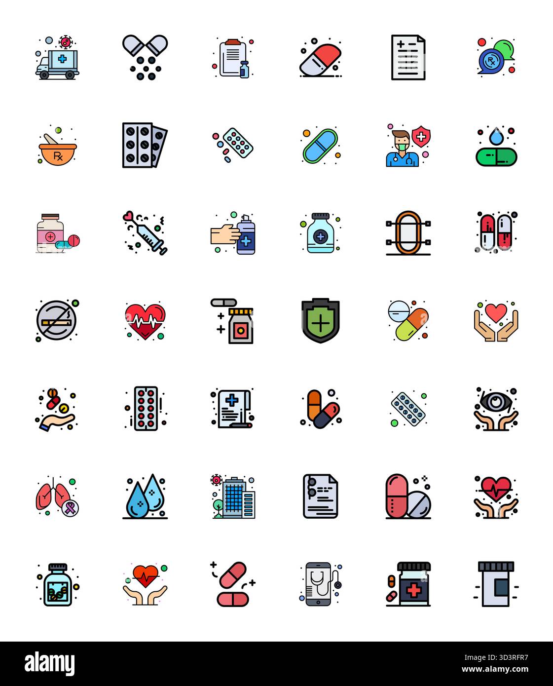 Rivoluzionario set di 42 icone vettoriali a griglia ispirate al sistema sanitario, create in formato Flat Line riempito ad alta risoluzione per il taglio Illustrazione Vettoriale