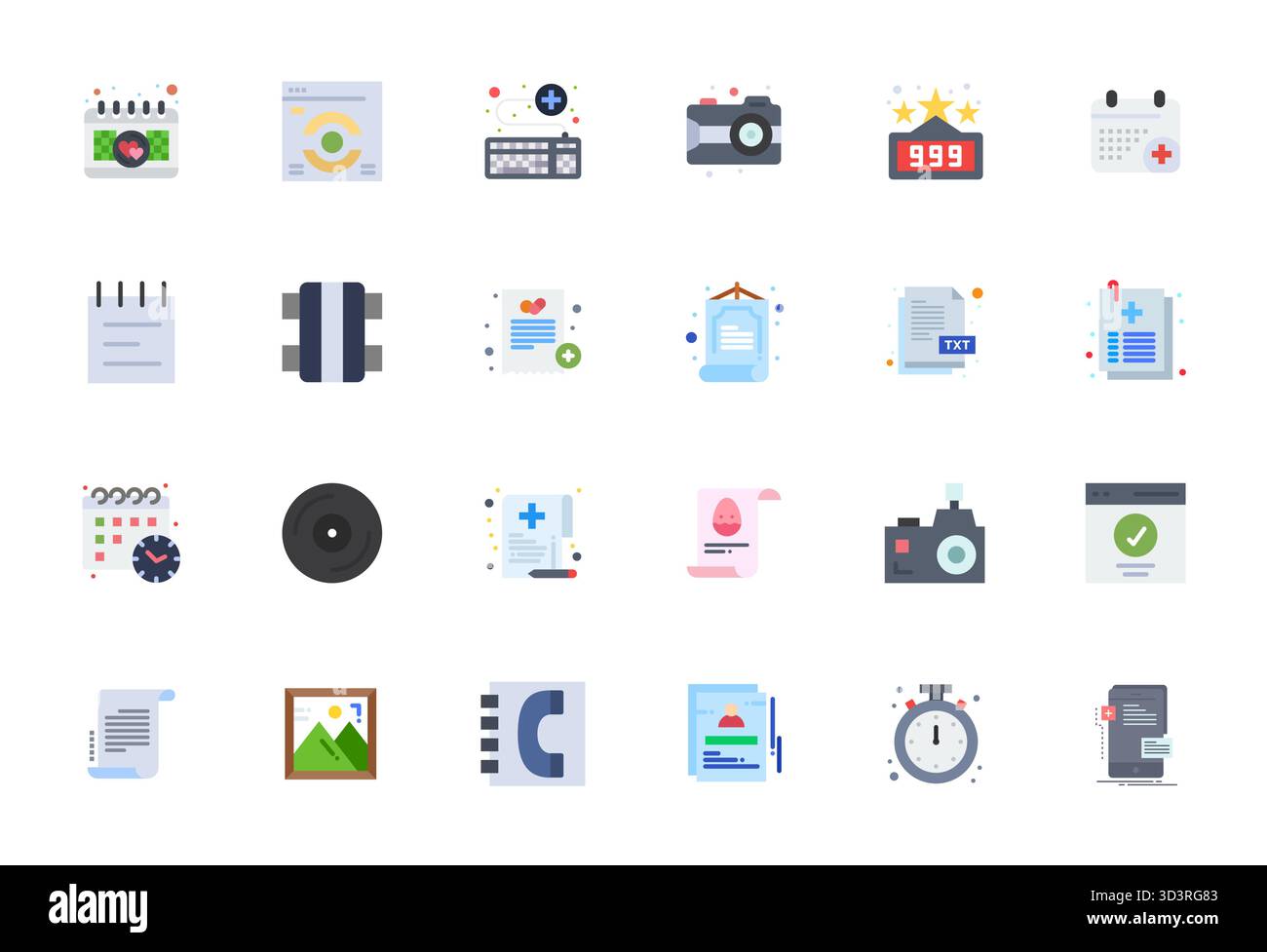 Set di 24 icone vettoriali ottimizzate Flat Pixel incentrate su record, realizzate con risoluzione 64 x 64 per un'integrazione perfetta in app e siti Web. Illustrazione Vettoriale