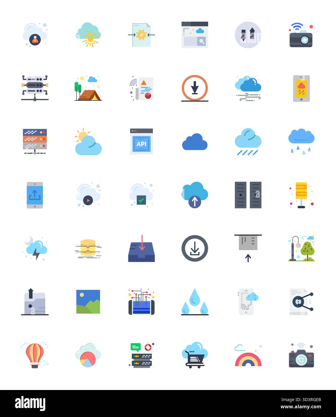 Confezione curata di 42 icone vettoriali 256x256 con design piatto, incentrate sui concetti Cloud con nitidezza ottimizzata per pixel. Illustrazione Vettoriale
