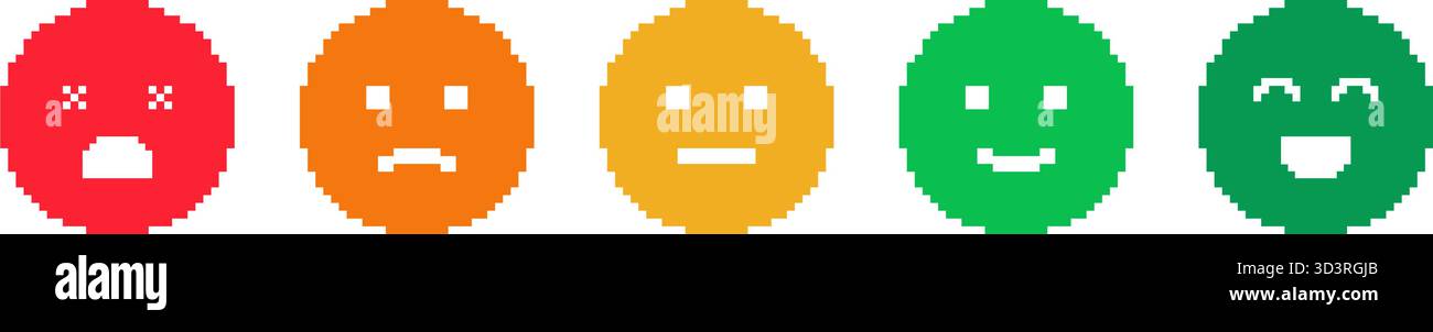Set di icone facce emoticon pixel Art. Espressioni emotive e simboli di rappresentazione dell'umore. Illustrazione del vettore isolato Illustrazione Vettoriale