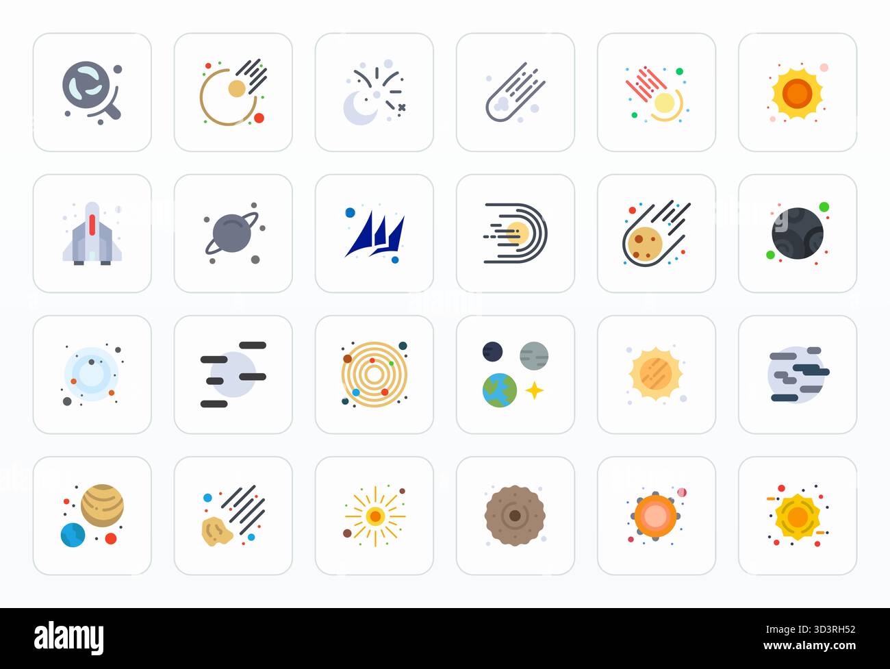 Pacchetto completo con 24 icone vettoriali in design piatto per Comet, con qualità nitida e allineata ai pixel ad alta risoluzione. Illustrazione Vettoriale