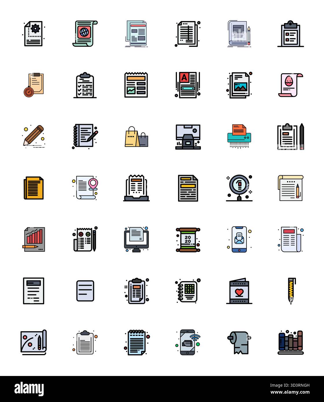 Raccolta di 42 icone vettoriali perfette per PIXEL con riempimento riga per carta, progettate in formato 64 x 64 per chiarezza e versatilità. Illustrazione Vettoriale