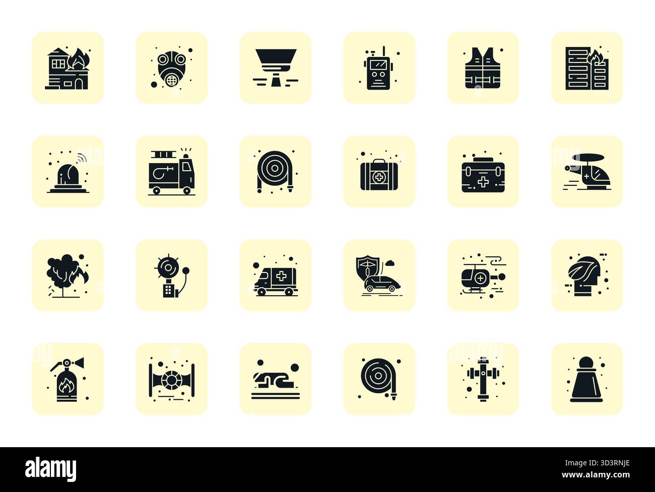 Un set dinamico di 24 icone vettoriali riempite, personalizzate per la risposta alle emergenze con qualità allineata a 256x256 pixel, adatte per i prodotti digitali. Illustrazione Vettoriale