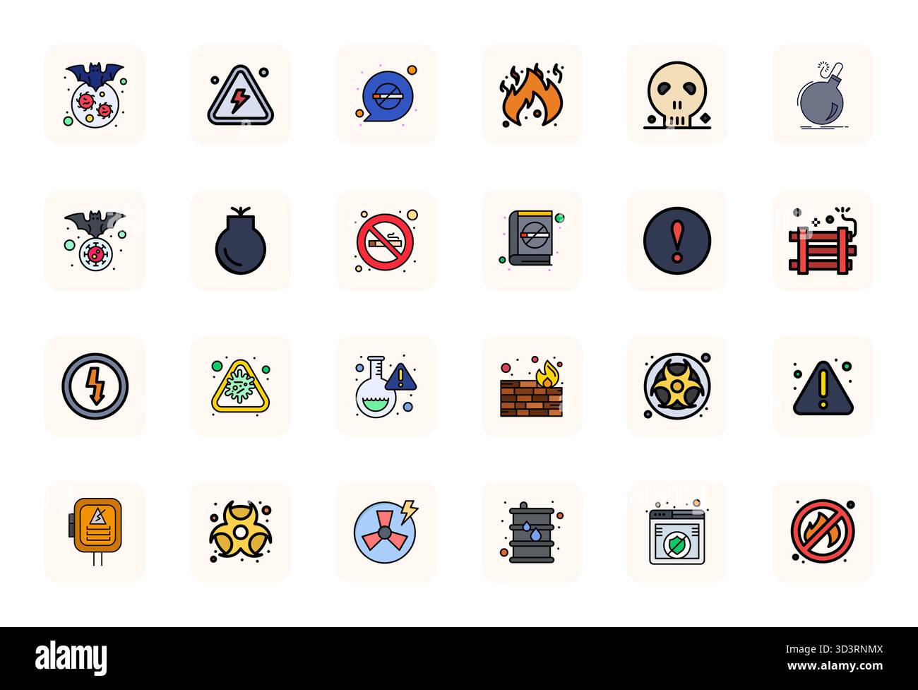 Questo set di 24 icone vettoriali LineFilled cattura i temi dei segnali di pericolo con una qualità perfetta di 64 x 64 PIXEL, perfetta per applicazioni tecnologiche e aziendali. Illustrazione Vettoriale