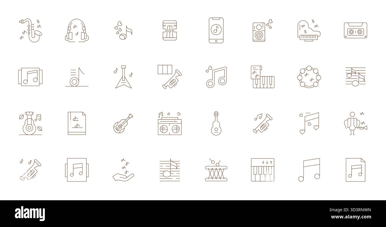 Questa collezione presenta 32 icone vettoriali allineate con pixel Thin Line su misura per il tema Melody, ottimizzate in formato Retina Ready per il design digitale. Illustrazione Vettoriale