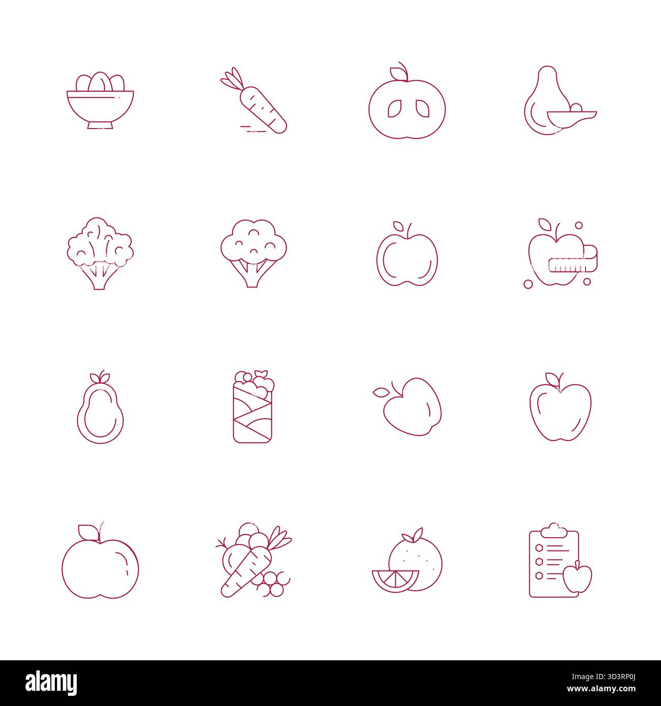 Confezione essenziale di icone vettoriali perfette da 16 PIXEL per una sana alimentazione in formato Thin Line, dimensionate da Retina Ready per prestazioni e scalabilità ottimali. Illustrazione Vettoriale