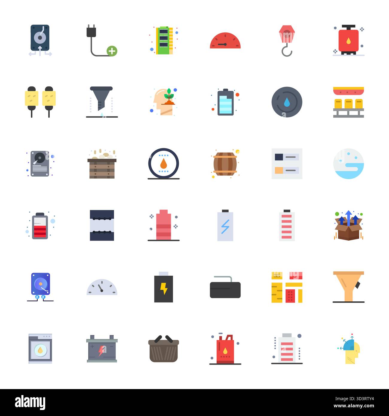 Collezione esclusiva di 36 icone vettoriali piatte per la capacità, sviluppata con risoluzione ottimizzata 64 x 64 pixel per esperienze di marca di livello superiore. Illustrazione Vettoriale