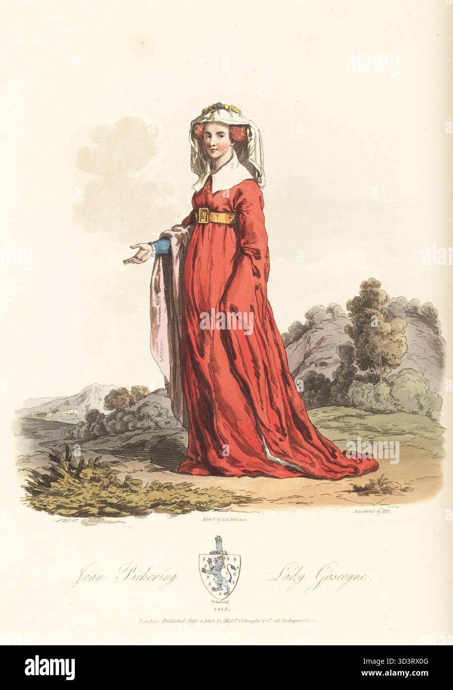 Elizabeth Mowbray, Lady Gascoigne, prima moglie di Sir William Gascoigne, Chief Justice of the King's Bench, 1413. In velo e corona ricamata su copricapo in filo, mantello in pelliccia, abito a maniche lunghe con trenino, cintura larga. Etichettato male Joan Pickering, la sua seconda moglie, con blazon di Pickering, Ermine, leone rampante azzurro, 1413. Dalla sua tomba nella chiesa di Ognissanti, Harewood, Yorkshire. Incisione su copperplate colorata a mano incisa da John Augustus Atkinson, acquatinted da John Hill, dopo un'illustrazione di Charles Hamilton Smith dalla sua Selections of Ancient Costume of Great Britain and Ireland, Colnag Foto Stock