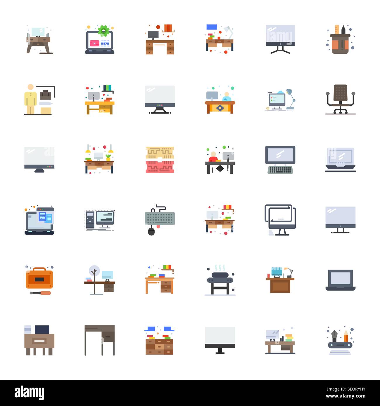 Un set dinamico di 36 icone vettoriali in piano, personalizzato per workstation con PIXEL Retina Ready, qualità perfetta per i prodotti digitali. Illustrazione Vettoriale