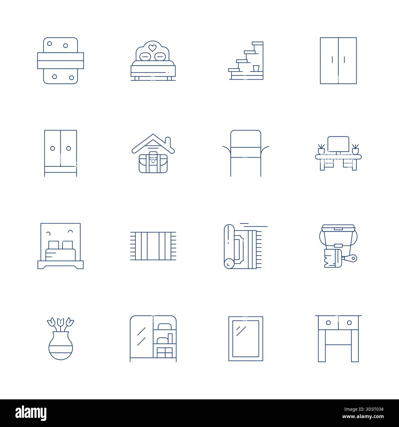 Questa collezione presenta 16 icone vettoriali Thin Line Grid montate su misura per il tema del design degli interni, ottimizzate nel formato 128x128 per il design digitale. Illustrazione Vettoriale