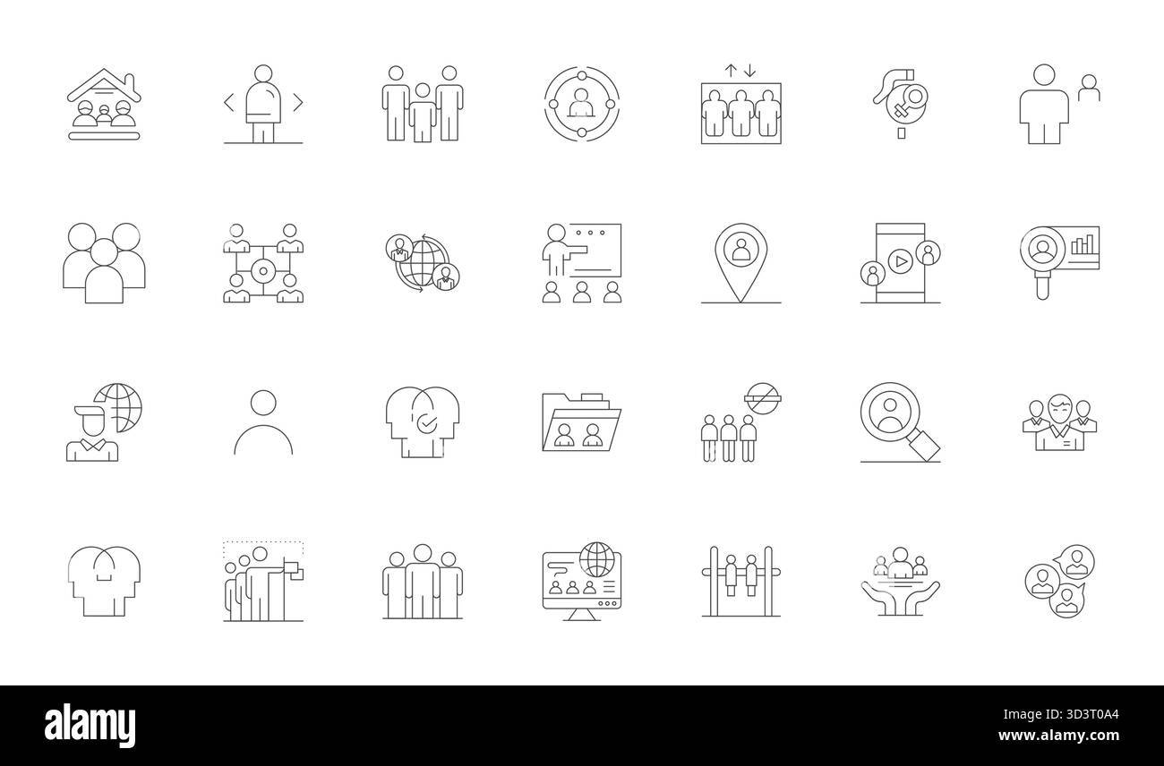 Un set dinamico di 28 icone vettoriali Thin Line, su misura per le persone con display ad alta risoluzione, qualità perfetta per i prodotti digitali. Illustrazione Vettoriale
