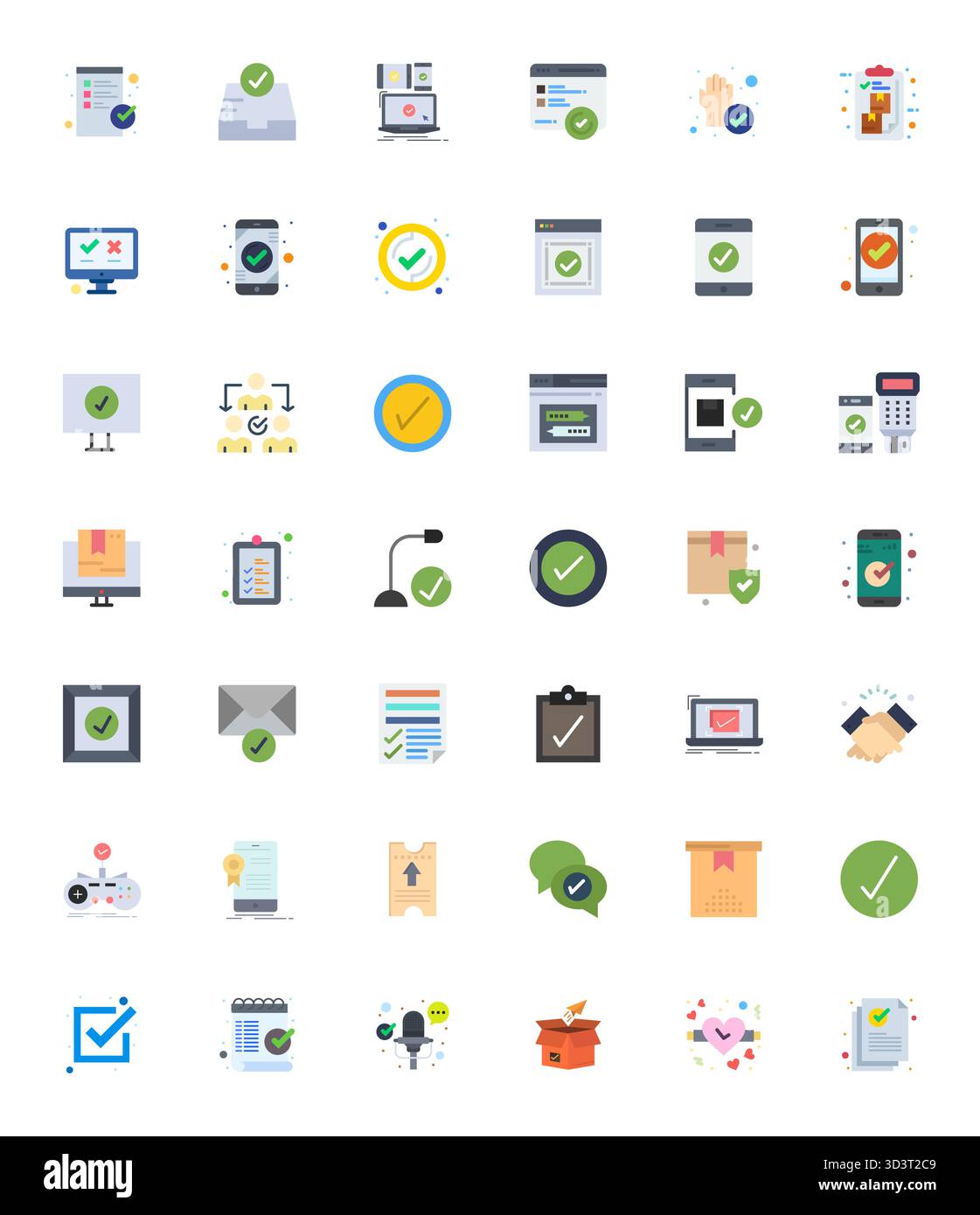 Confezione curata di 42 icone vettoriali 256x256 con design piatto, incentrate sui concetti di conferma con chiarezza a griglia. Illustrazione Vettoriale