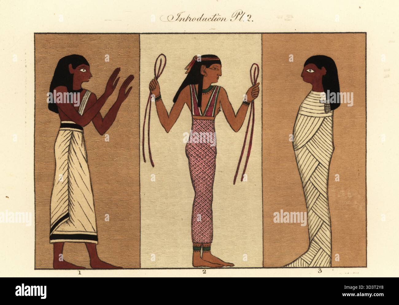 Antiche abitudini egiziane e mummia avvolte in un panno da una bara nel British Museum. Incisione colorata a mano di Joseph Strutt dalla sua visione completa dell'abito e delle abitudini del popolo d'Inghilterra, Henry Bohn, Londra, 1842. Foto Stock