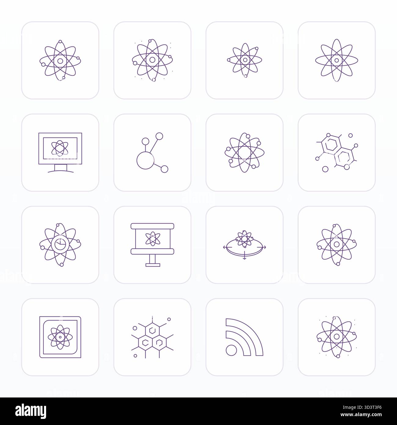 16 icone vettoriali Thin Line per Atom realizzate meticolosamente, fornite in qualità 64 x 64 Grid Found per standard di progettazione senza compromessi. Illustrazione Vettoriale