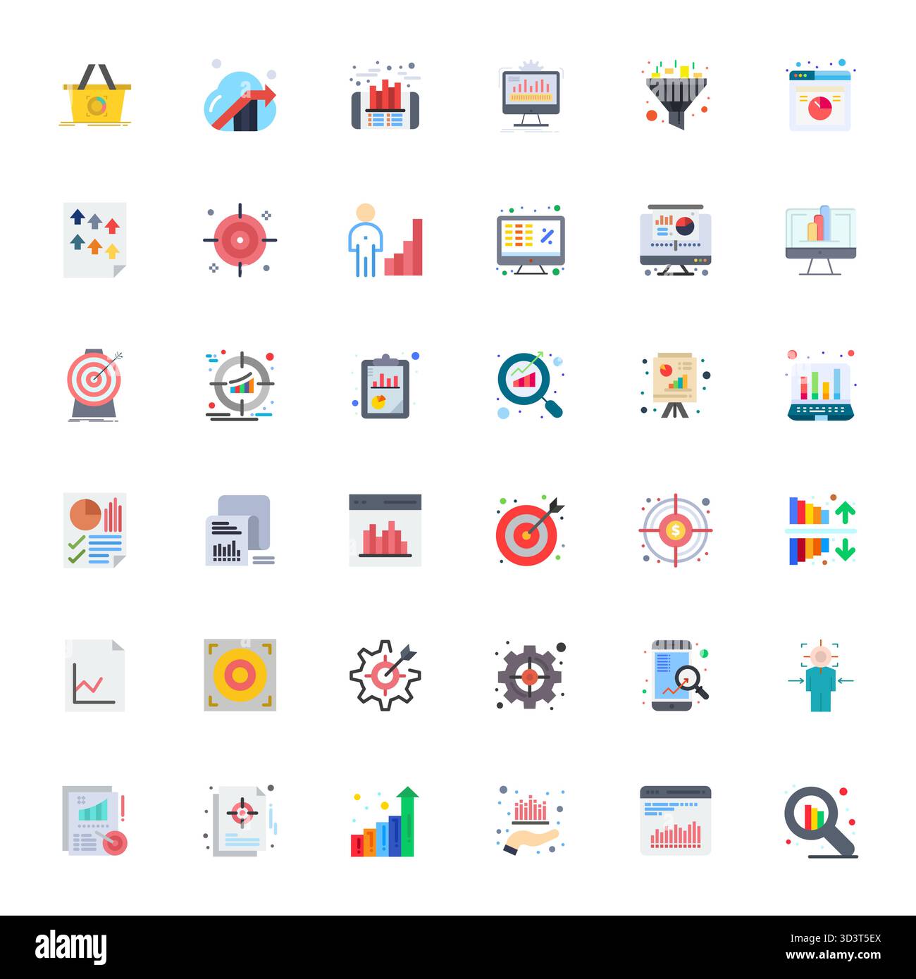 Raccolta ad alte prestazioni di 36 icone vettoriali piatte per KPI, progettata con risoluzione modificabile 128x128 per un design ottimale dell'interfaccia utente. Illustrazione Vettoriale