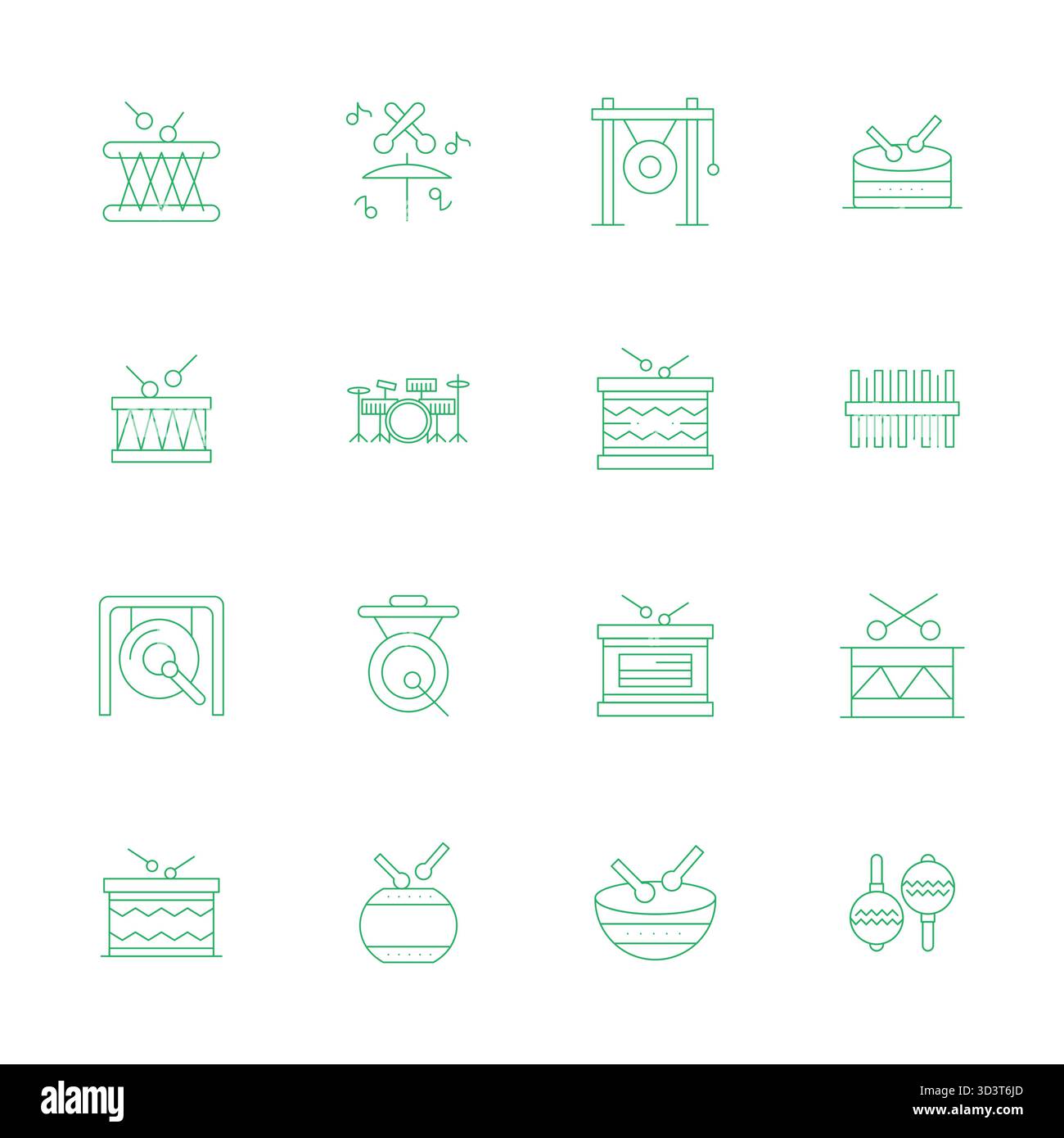 Una raccolta pulita di 16 icone vettoriali Thin Line che rappresentano la percussione, progettata in formato 256x256 modificabile per dashboard e interfacce moderne. Illustrazione Vettoriale