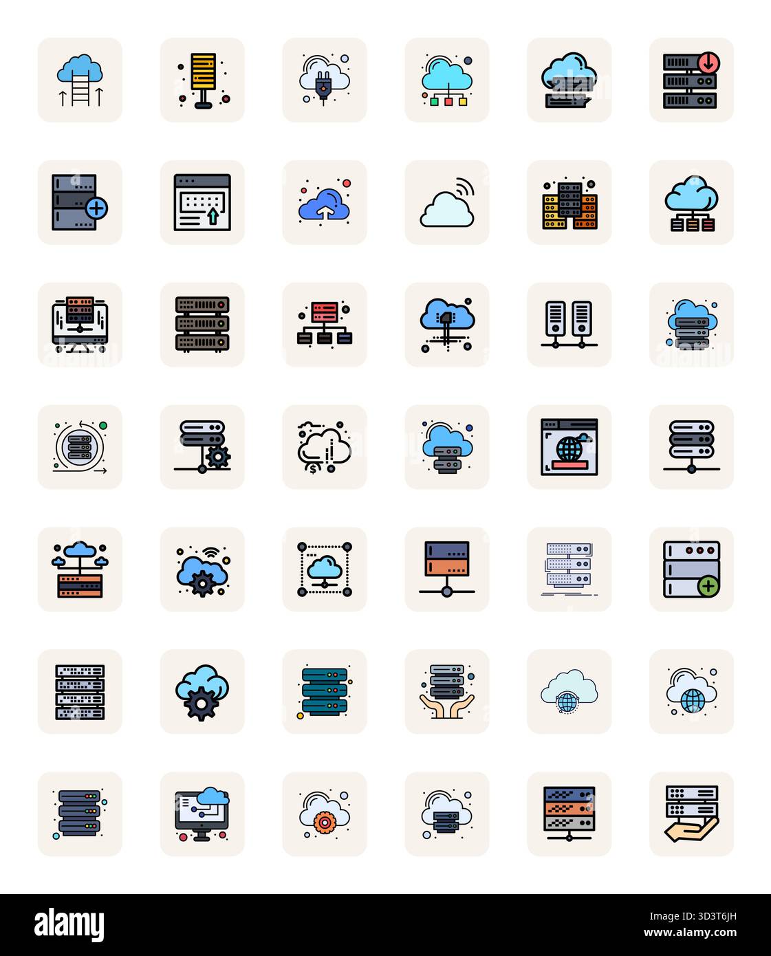 Ultima raccolta di 42 icone vettoriali che rappresentano l'hosting in un'estetica LineFilled, ottimizzata con dettagli 64 x 64 risoluzione migliorata per la massima impac Illustrazione Vettoriale