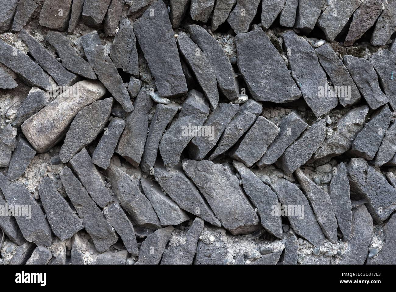 Primo piano di un muro di pietra a secco impilato costruito con rocce grigio scuro irregolari. La struttura robusta e la disposizione ordinata trasmettono resistenza e carattere rustico Foto Stock