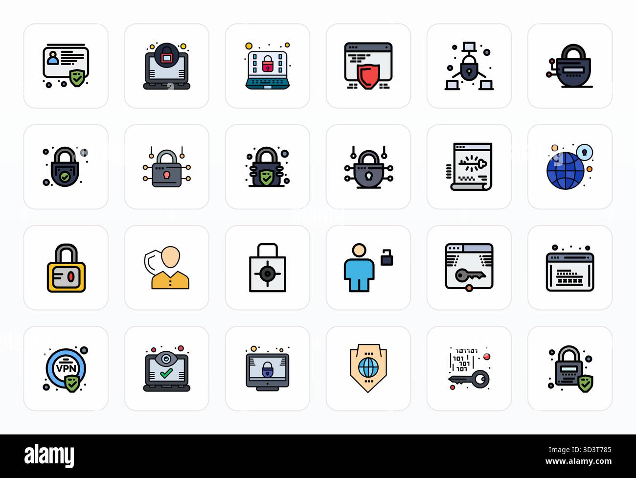 Pacchetto completo con 24 icone vettoriali nel design Filled Line per un accesso sicuro, fornito con dettagli Retina Ready qualità migliorata. Illustrazione Vettoriale
