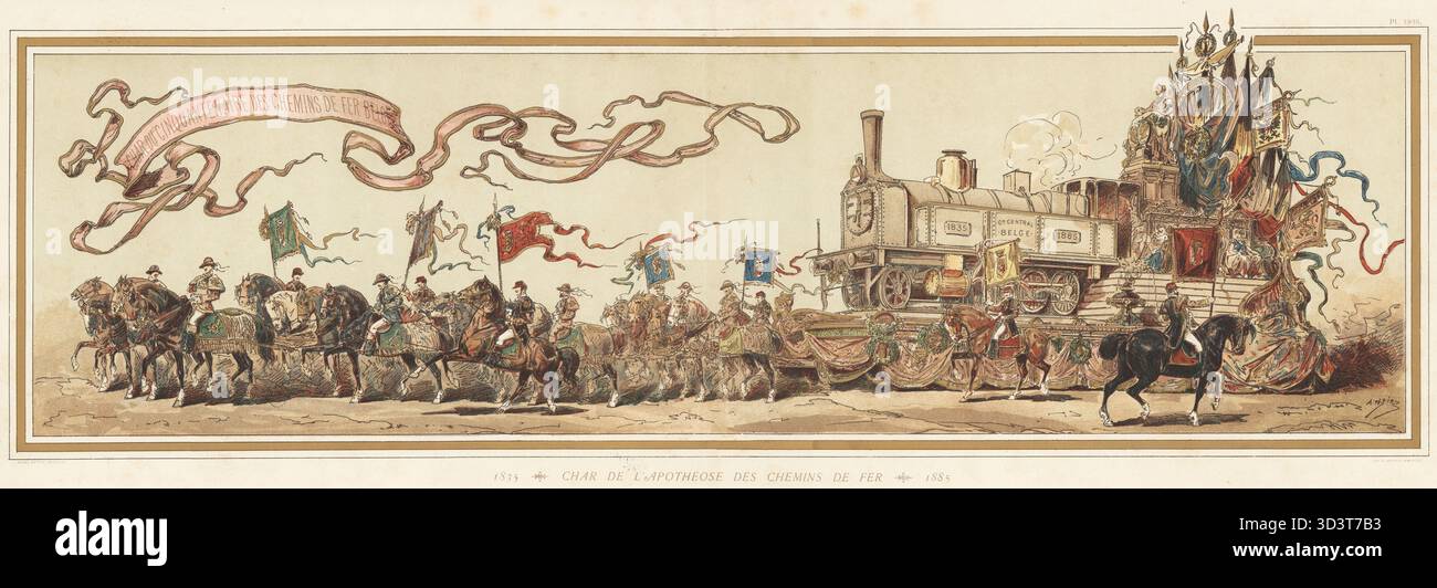 Carro dell'apoteosi delle Ferrovie, 1835-1885. Con striscione Carro del 50° anniversario delle Ferrovie belghe. Char de l'apotheose des Chemins de Fer, 1835-1885. Char du Cinquantenaire des Chemins de Fer Belge. Cromolitografia dopo un'illustrazione di Armand Jean Heins dal Cortege Historique des Moyens de Transport di Edmond Cattier, Historical Cortege of Modes of Transport, Libraire Universelle de Veuve J. Rozez, Bruxelles, 1886. Foto Stock