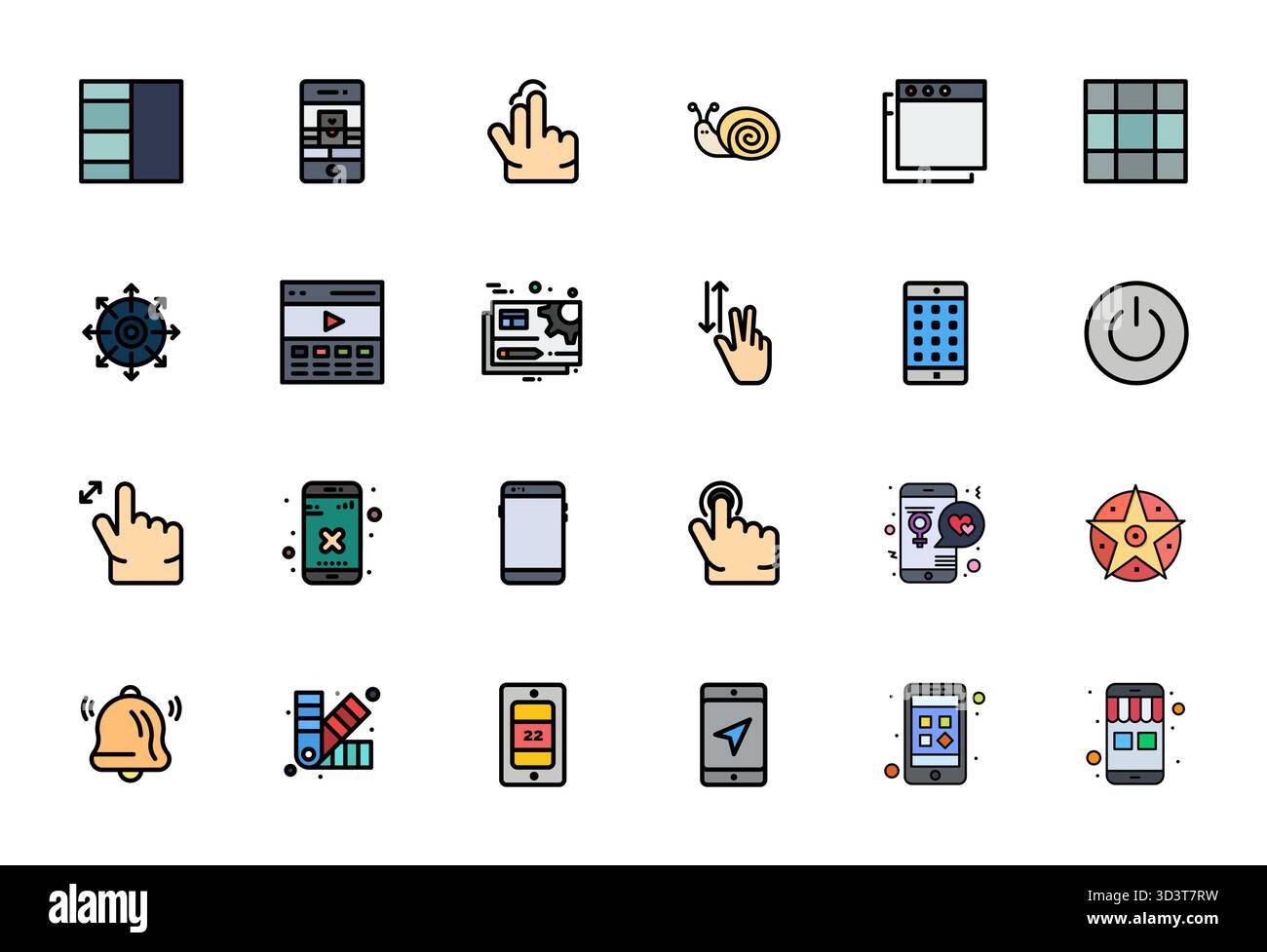 Sblocca 24 icone vettoriali ottimizzate Flat Line Pixel ispirate all'UX, ottimizzate in formato 64 x 64 per una visualizzazione impeccabile su tutti i dispositivi. Illustrazione Vettoriale