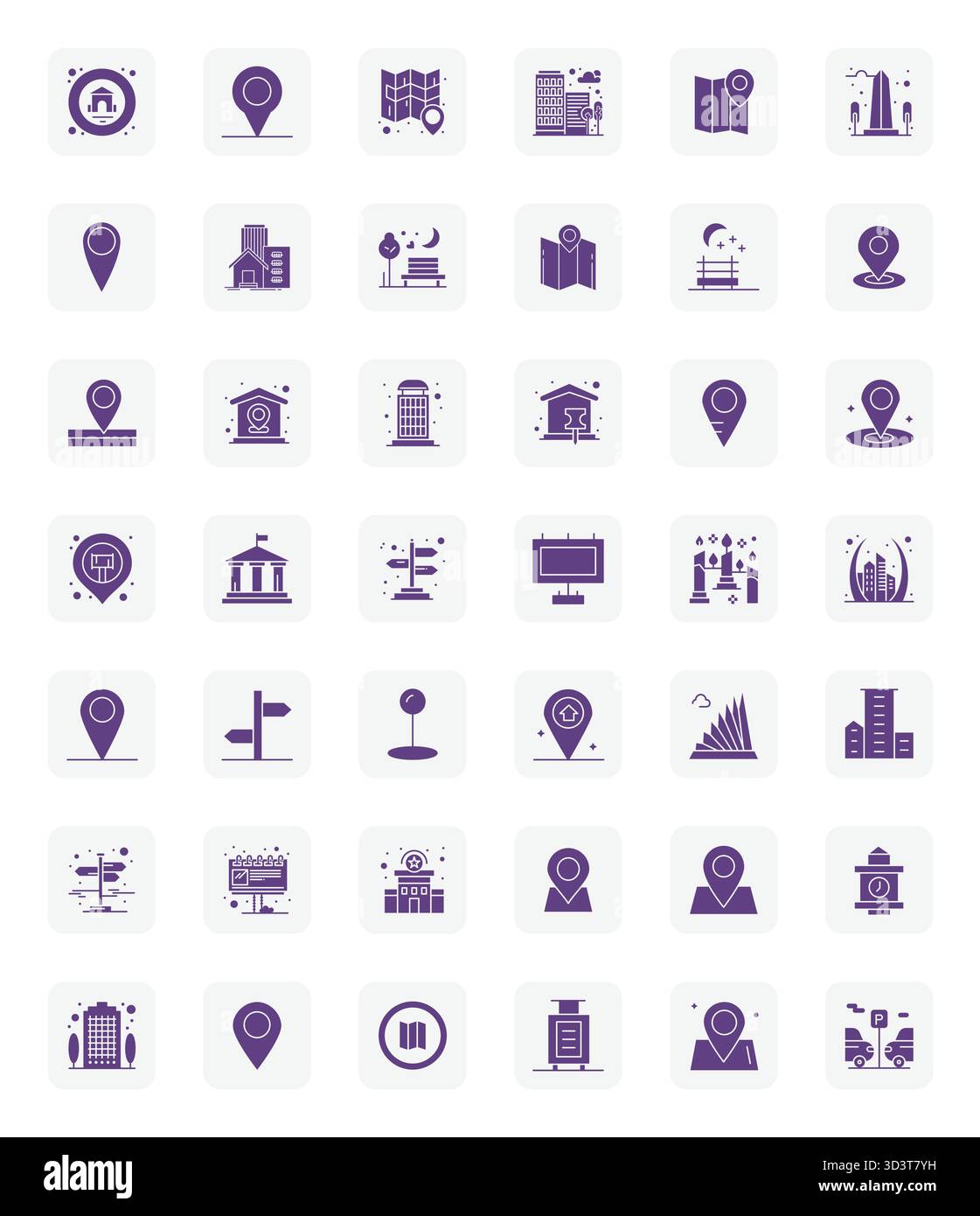 42 icone vettoriali piene accuratamente curate per Town, con Retina Ready display risoluzione perfetta per una rappresentazione coerente del marchio e un'immagine utente Illustrazione Vettoriale