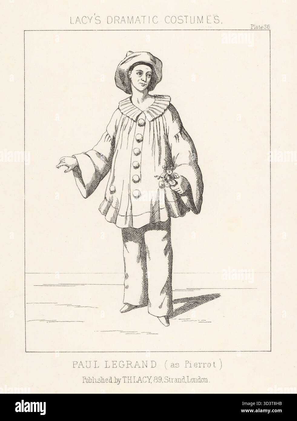 Paul Legrand, mimo francese, 1816-1898, in costume del suo più grande ruolo, Pierrot, commedia dell'arte. Cappello bianco, tunica bianca con bottoni grandi e colletto, pantaloni. Litografia da Thomas Hailes Lacy's male Costumes, Historical, National and Dramatic in 200 Plates, Londra, 1865. Lacy (1809-1873) è stato un attore, drammaturgo, direttore teatrale ed editore britannico. Foto Stock