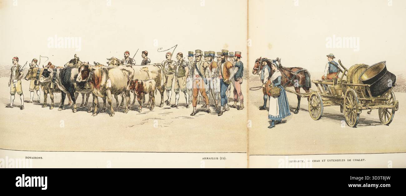Mucche di bestiame, allevatori alpini e servitori con il loro carro trainato da cavalli e utensili. Bovairons, Armaillis, Servante - Char et Ustensiles de Chalet. Chromolithograph di S. Krakow da album Officiel de la Fete des Vignerons, album ufficiale del Festival dei viticoltori, Loertscher and Jacot-Guillarmod, Vevey, Svizzera, 1889. Oltre 1.300 artisti hanno partecipato alla sfilata musicale al vi Festival. Foto Stock
