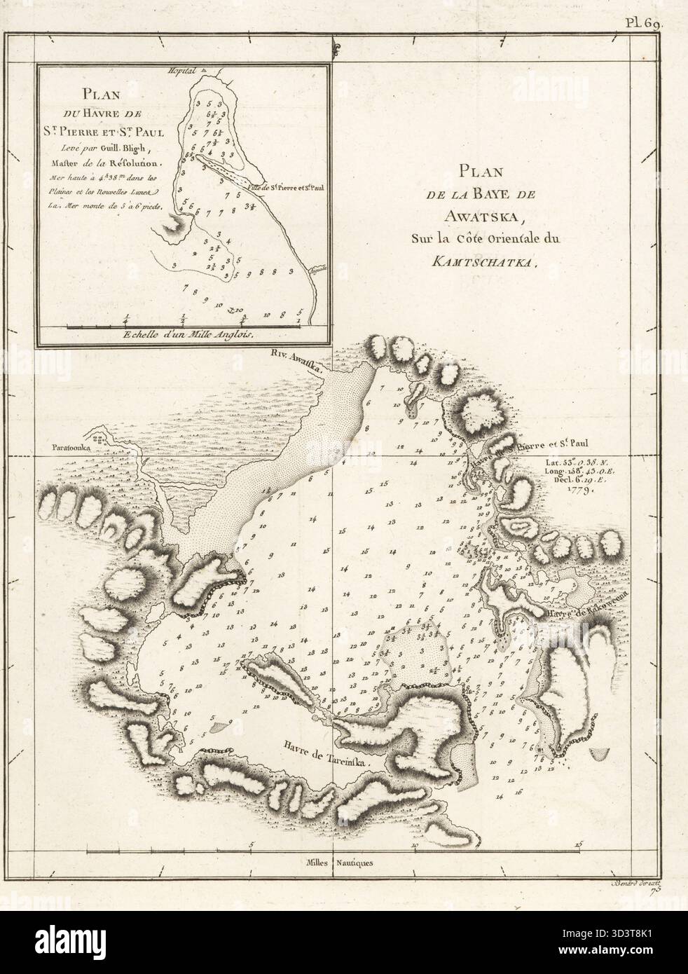Mappa di Avacha Bay, penisola di Kamchatka. Mappa a incasso del porto di Petropavlosk (San Pietro e San Paolo). Plan de la Baye de Awatska sur la cote orientale du Kamtschatka. Plan du Havre de St. Pierre et St. Paul. Incisione Copperplate diretta da Robert Benard dopo un'illustrazione di John Webber dalla traduzione francese del terzo viaggio del capitano James Cook, Troisieme Voyage de Capitaine Cook, Hotel de Thou, Parigi, 1785. Foto Stock