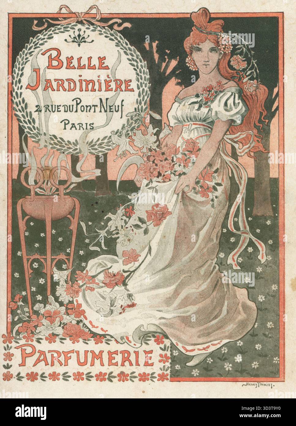 Copertina di un catalogo di profumi e prodotti di bellezza offerti dal grande magazzino di lusso Belle Jardiniere. Design Art Nouveau con donna in ghirlanda e lungo abito bianco che tiene gigli e rose accanto a un altare treppiede con fiamma sacra. Profumeria, Belle Jardiniere, 2 rue de Pont Neuf, Parigi. Colore stampato dopo un'illustrazione del poster e illustratore di libri Henri Thiriet da un catalogo di prodotti, anni '1910 Foto Stock