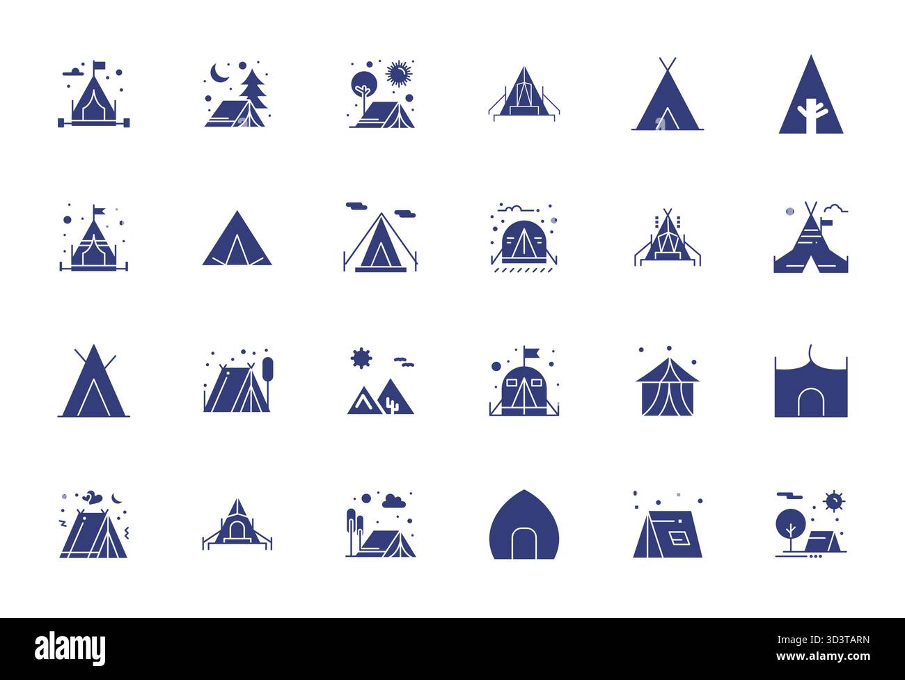 Un set dinamico di 24 icone vettoriali in pieno, personalizzato per tenda con qualità ottimizzata 128x128 pixel, adatto per i prodotti digitali. Illustrazione Vettoriale