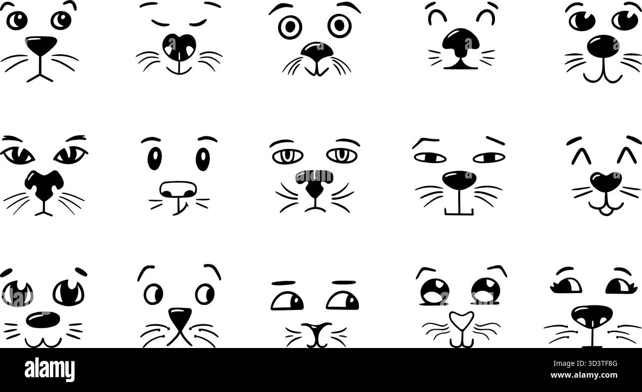 Facce di gatto di Doodle. Disegna la faccia da gattino comico, emozioni di animali domestici. Vari umori animali, naso occhi, baffi. Elementi vettoriali neoterici tracciati a mano ori Illustrazione Vettoriale